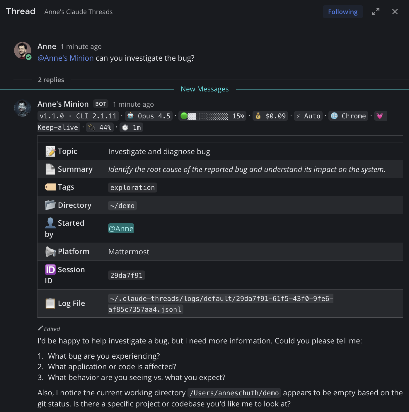A Claude Code session in a Mattermost thread, with the session header table